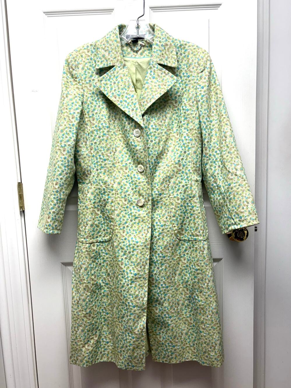 Express Jacket Floral Cotton Trench Coat Women’s M Green Blue Lined Spring Midi